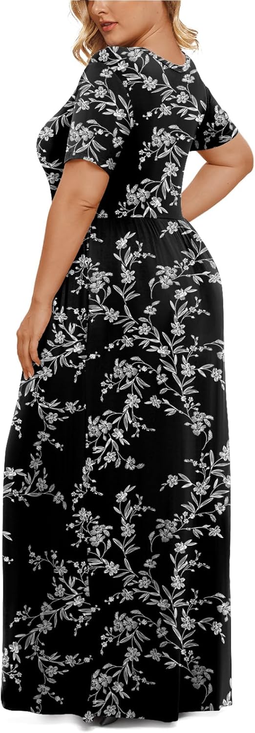 LONGYUAN Women's Plus Size Maxi Dresses for Curvy Women Summer Short Sleeve Casual 2025 Long Dress XL-6XL