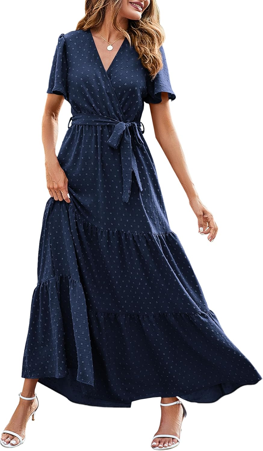 MASCOMODA Womens Boho Swiss Dot Maxi Dresses Wrap V Neck Flutter Short Sleeve Solid Tie Belt A Line Tiered Flowy Long Dress