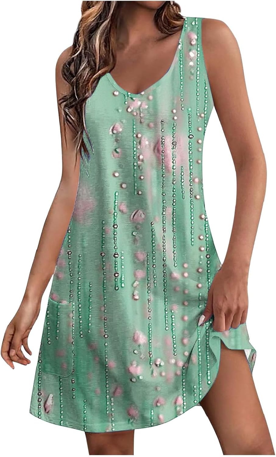 Womens 2025 Spring Summer Dresses Casual Floral Print V-Neck Tank Dress Curve Hem Pleated A-Line Sundresses