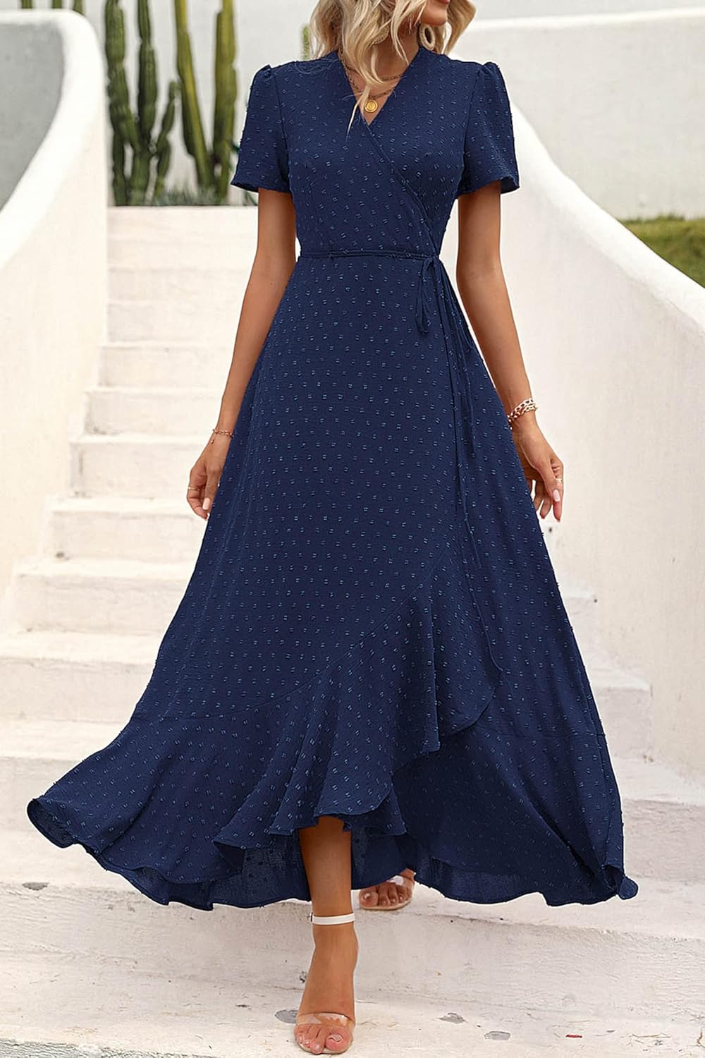 PRETTYGARDEN Women's Summer Wrap Maxi Dress Casual Short Sleeve Floral Boho V Neck Split Ruffle Beach Long Dresses