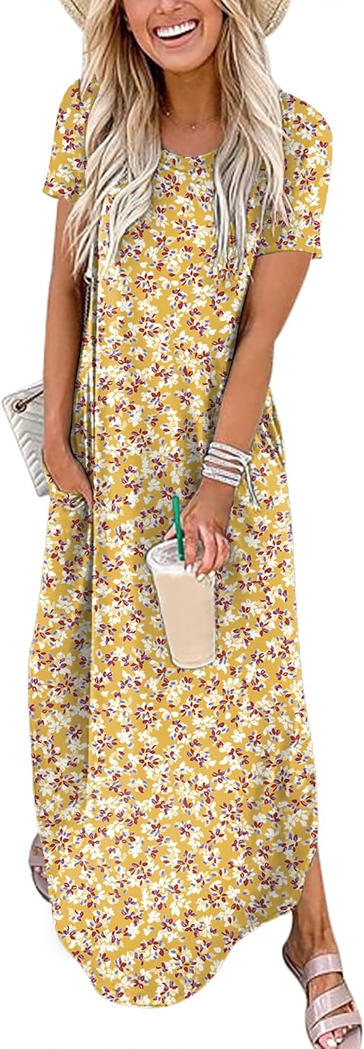 ANRABESS Women's Summer Casual Loose Short Sleeve Long T Shirt Dress Split Maxi Beach Sundress Travel Vacation Outfits