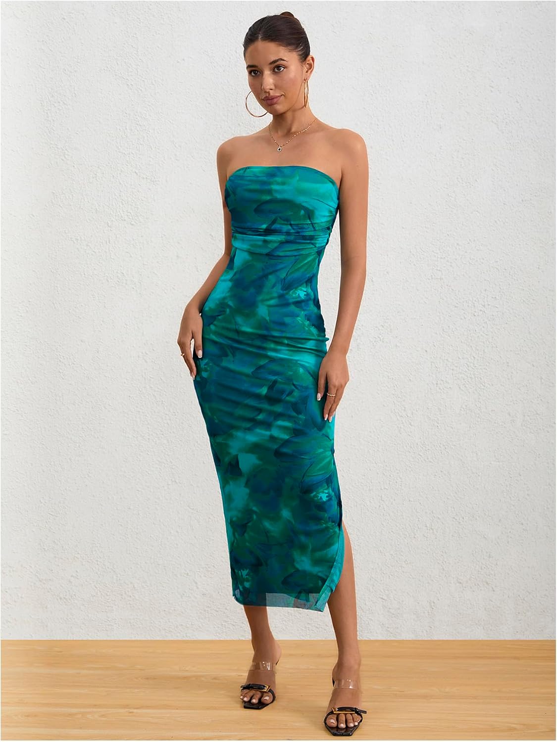 Milumia Women's Printed Strapless Tube Top Long Dress Slit Hem Sleeveless Bodycon Maxi Dresses