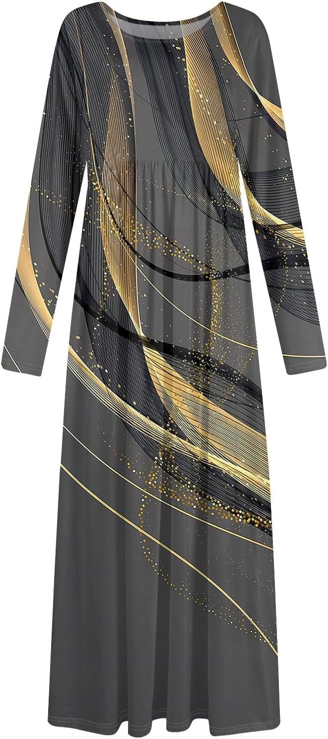 Long Sleeve Maxi Dress for Women Elegant Crew Neck Flowy Swing Dresses Solid Color Wedding Guest Dresses