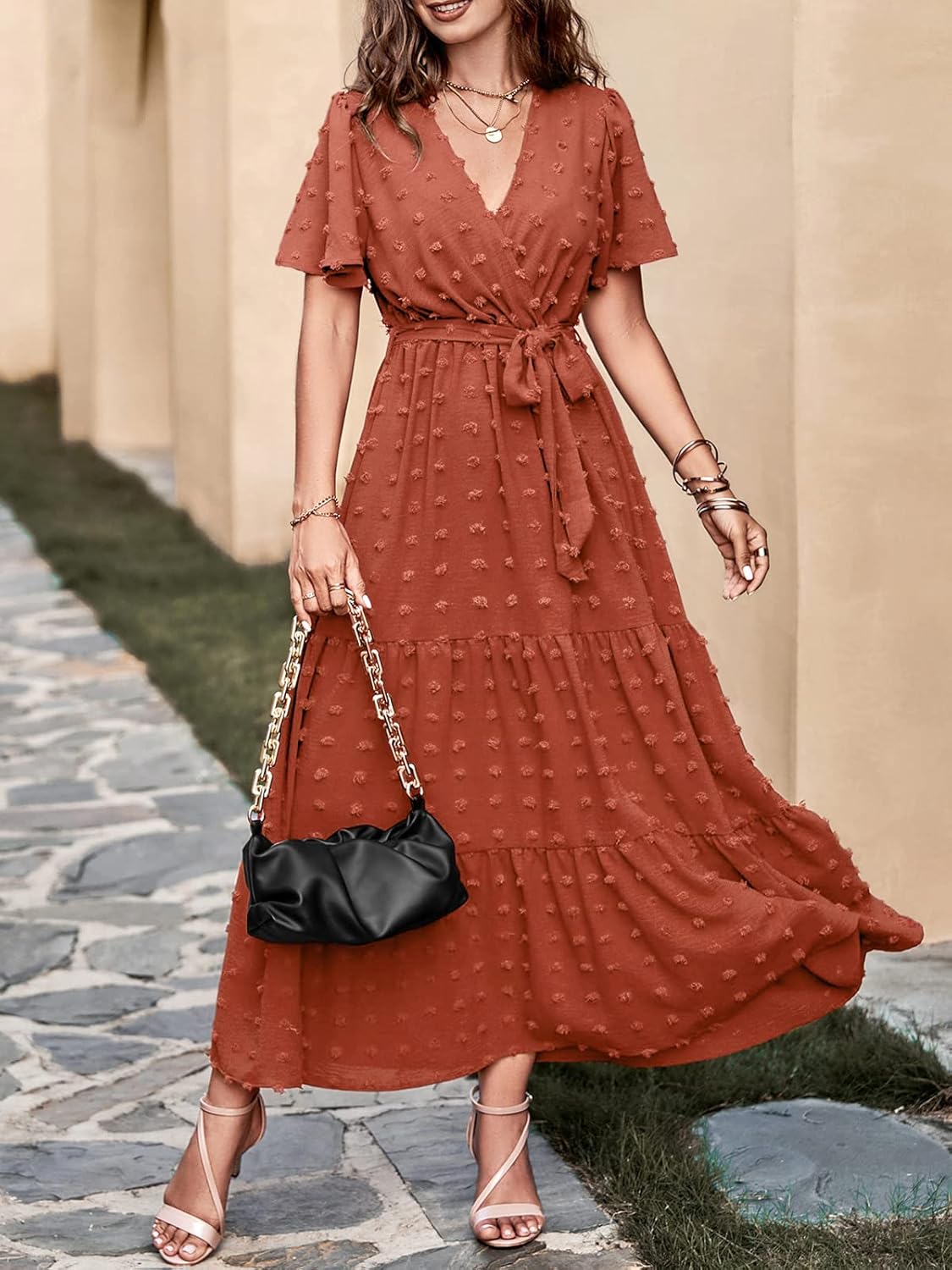 MASCOMODA Womens Boho Swiss Dot Maxi Dresses Wrap V Neck Flutter Short Sleeve Solid Tie Belt A Line Tiered Flowy Long Dress
