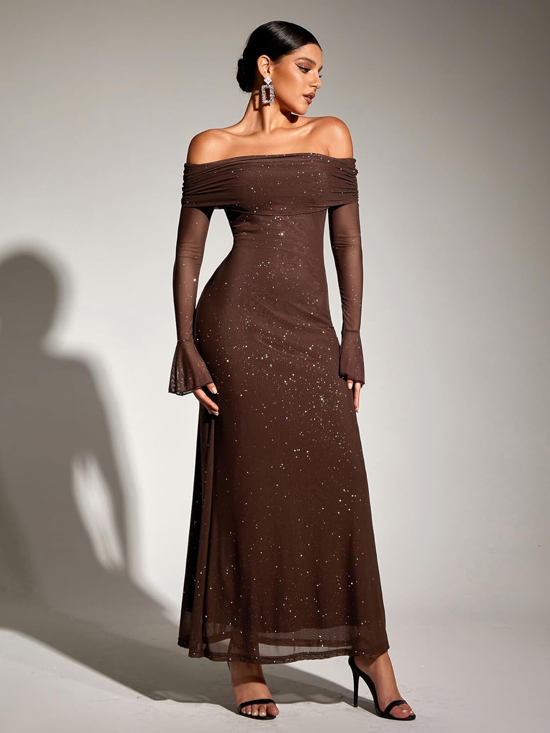 KUTUMAI Women Off Shoulder Bodycon Maxi Dress Long Sleeve Mesh Ruched Party Formal Wedding Guest Dresses