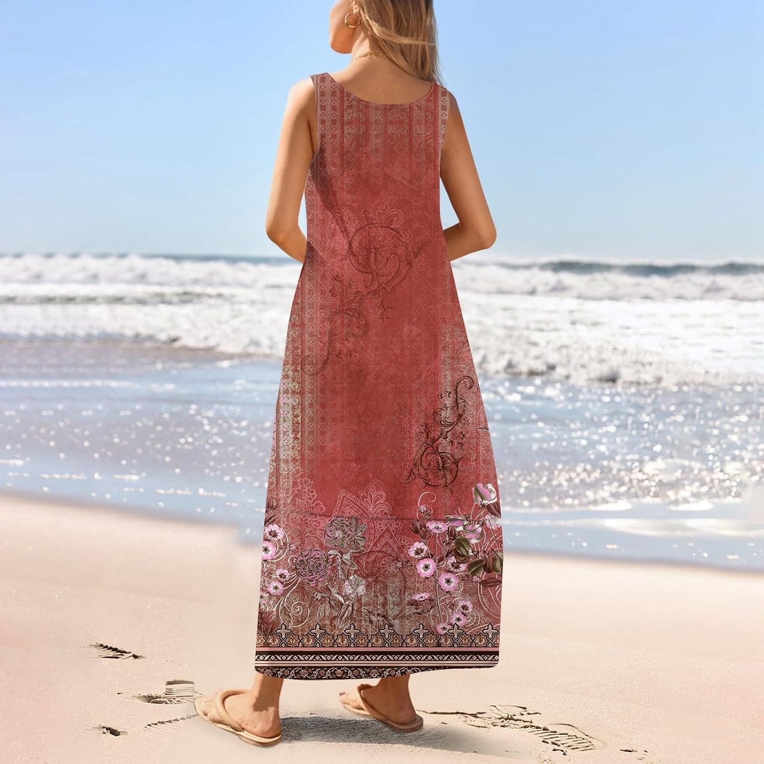 Womens Summer Tank Dress Vacation Boho Floral Long Dresses with Pockets Resort Wear Swing Beach Sleeveless Sundress