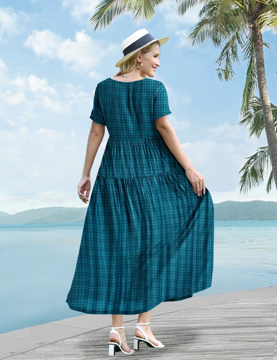 YESNO Women Casual Loose Bohemian Floral Dress with Pockets Short Sleeve Long Maxi Summer Beach Swing Dress EJF
