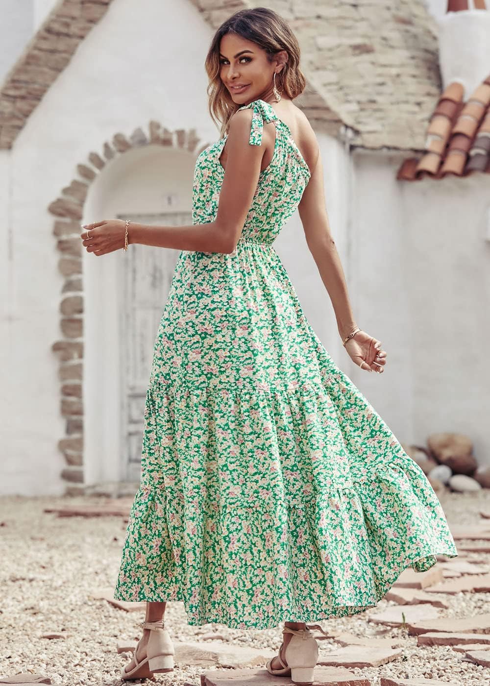 PRETTYGARDEN Women's Summer Floral Maxi Dress Knot One Shoulder Sleeveless Ruffle Flowy Boho Beach Wedding Guest Dresses
