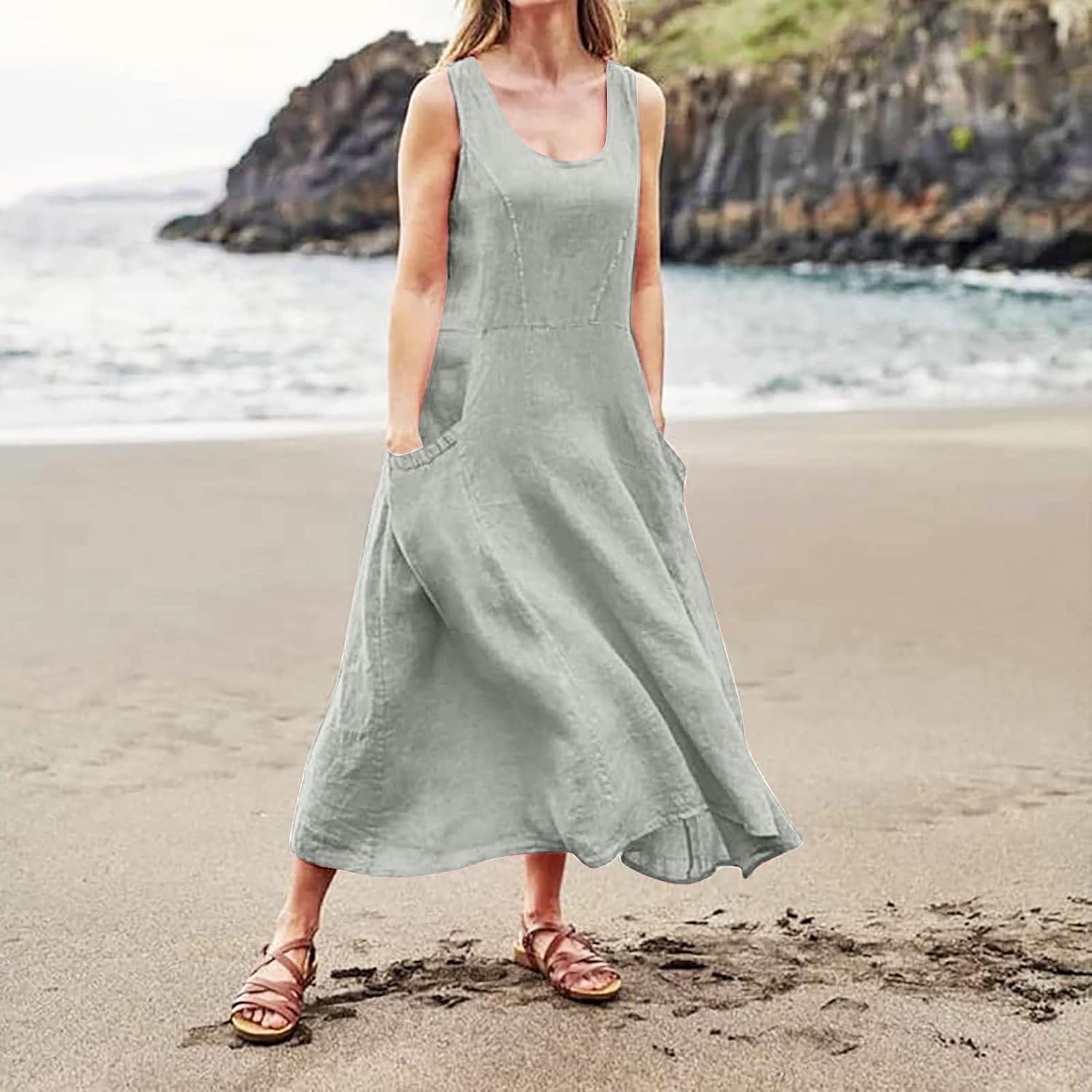 Women's Casual Sleeveless Dresses, Cotton Linen Pocket Dresses Summer Dresses for Women 2024 Sundresses Beach Dress