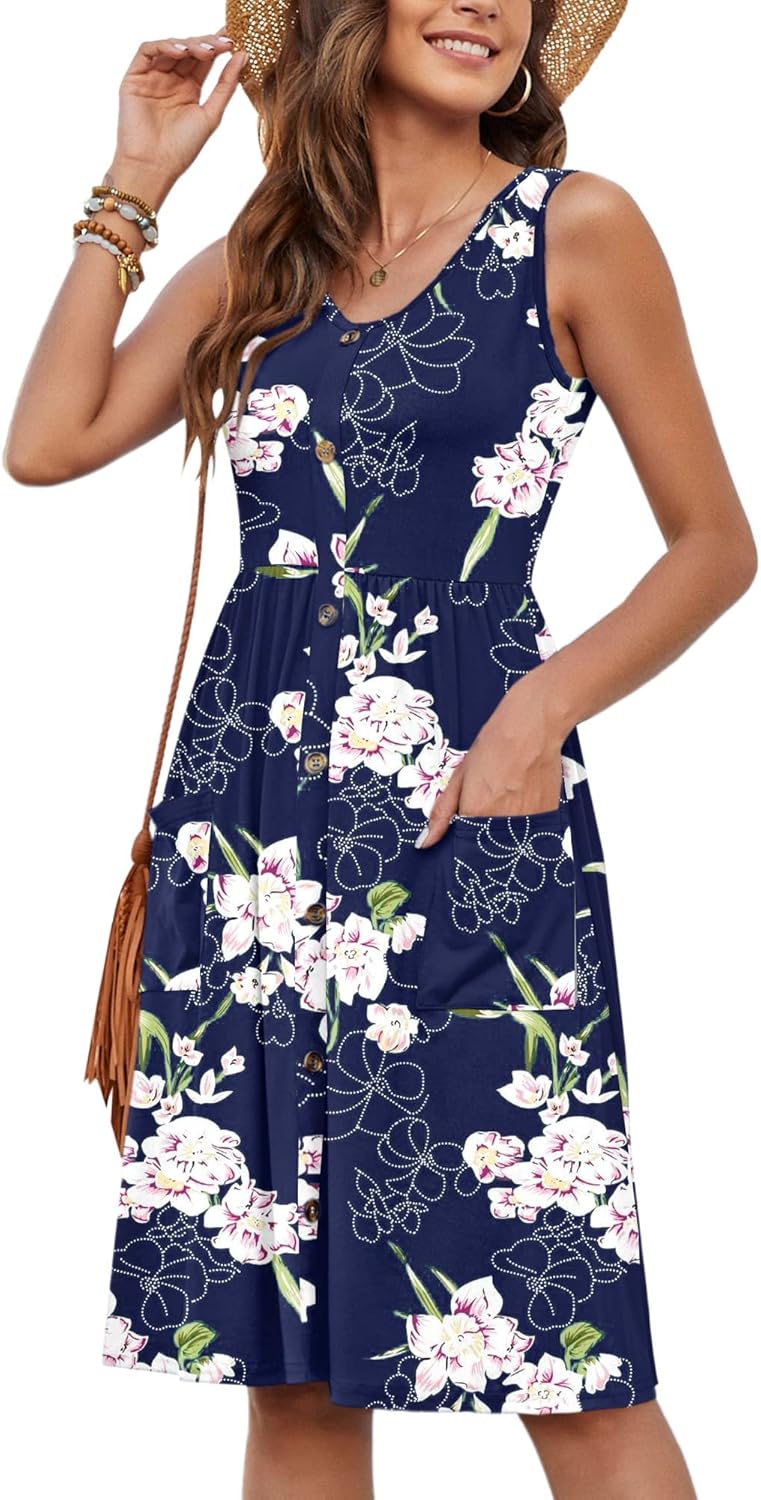 MOLERANI Women Summer Dresses Sleeveless Casual Loose Swing Button Down Midi Dress with Pockets