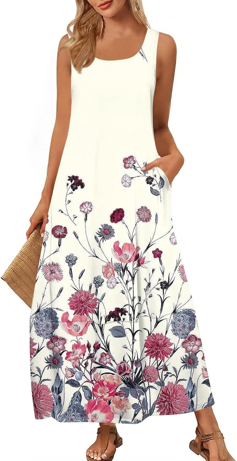 Womens Summer Tank Dress Vacation Boho Floral Long Dresses with Pockets Resort Wear Swing Beach Sleeveless Sundress