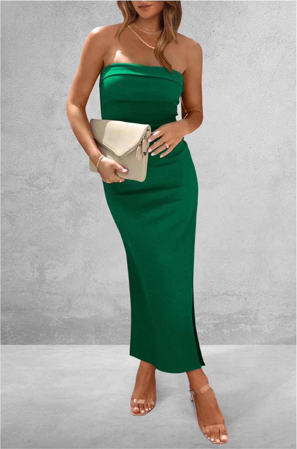 PRETTYGARDEN Women's Summer Bodycon Maxi Tube Dress Ribbed Strapless Side Slit Long Going Out Casual Elegant Party Dresses