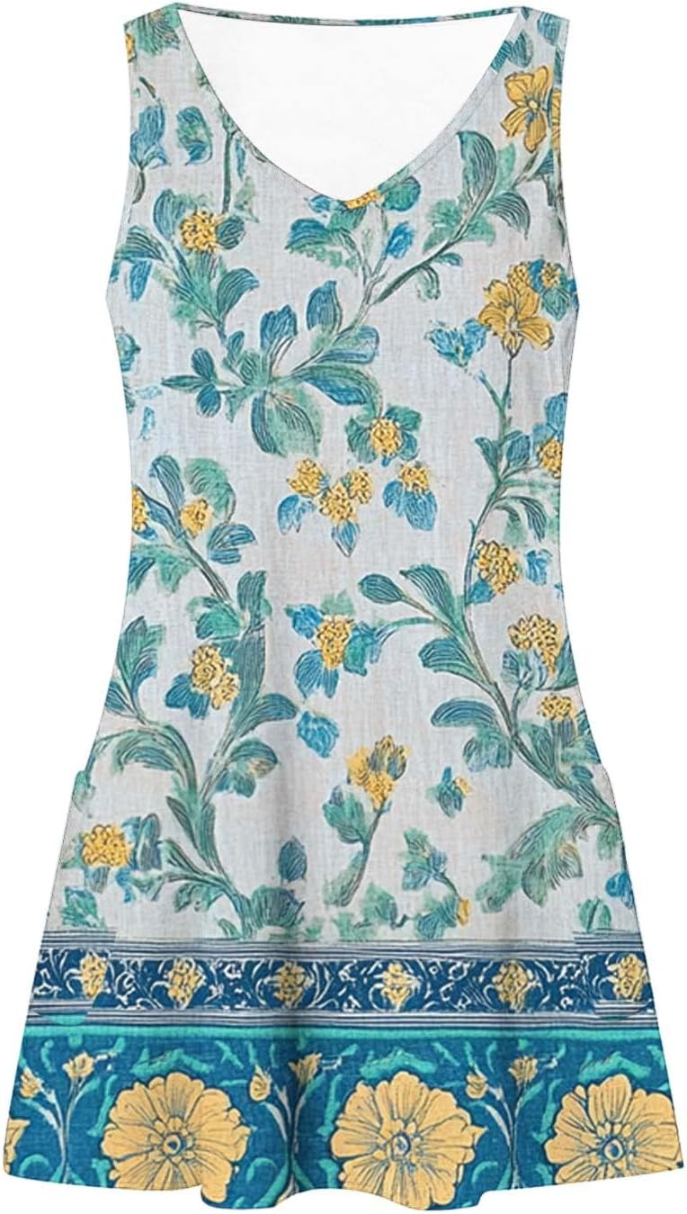 Womens 2025 Spring Summer Dresses Casual Floral Print V-Neck Tank Dress Curve Hem Pleated A-Line Sundresses