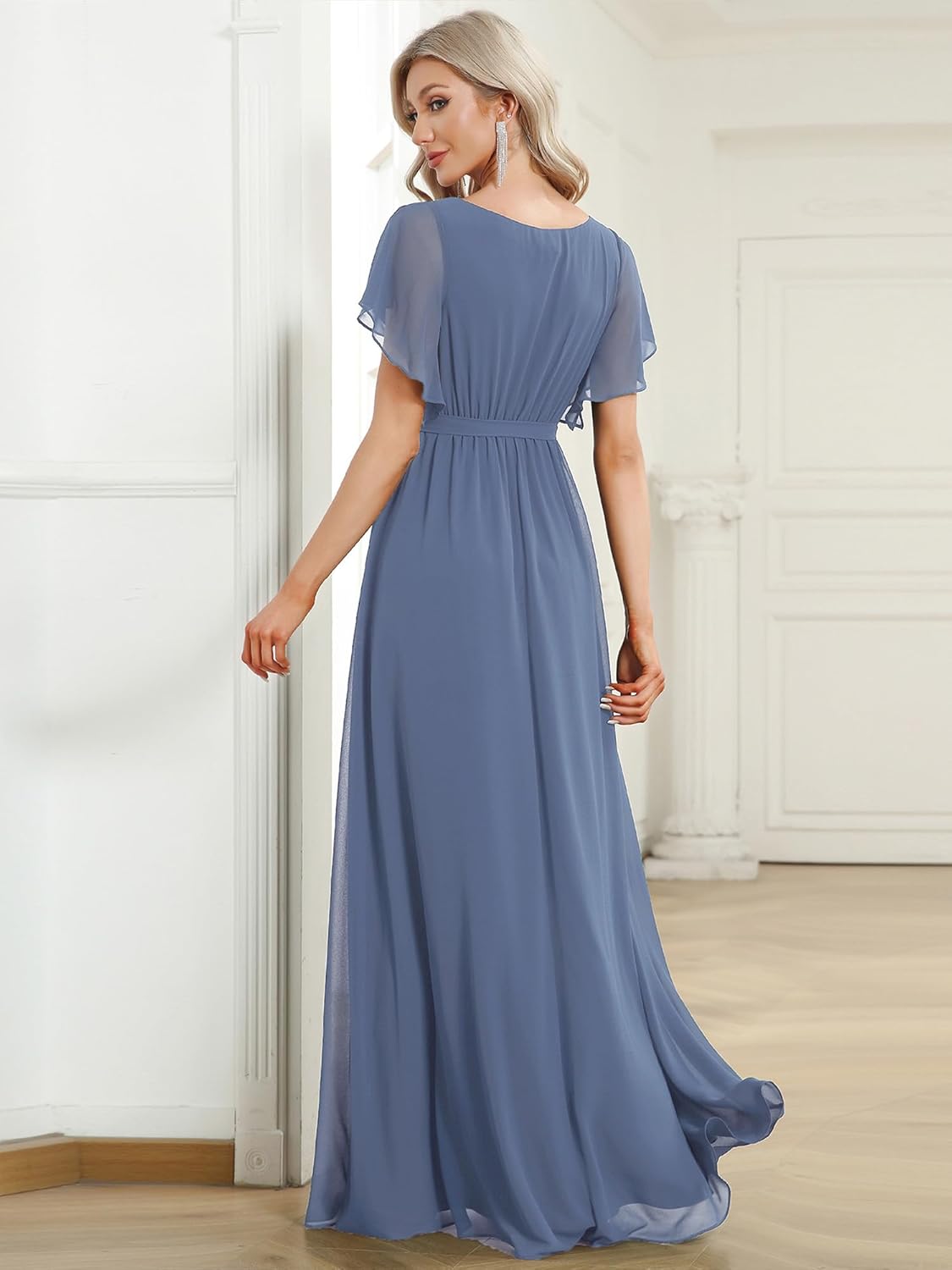Ever-Pretty Women's Bridesmaid Dress V-Neck Ruffle Sleeves Ruched Bust Floor Length Chiffon Formal Dresses 0164A