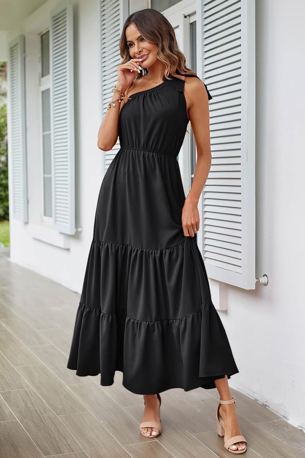 PRETTYGARDEN Women's Summer Floral Maxi Dress Knot One Shoulder Sleeveless Ruffle Flowy Boho Beach Wedding Guest Dresses
