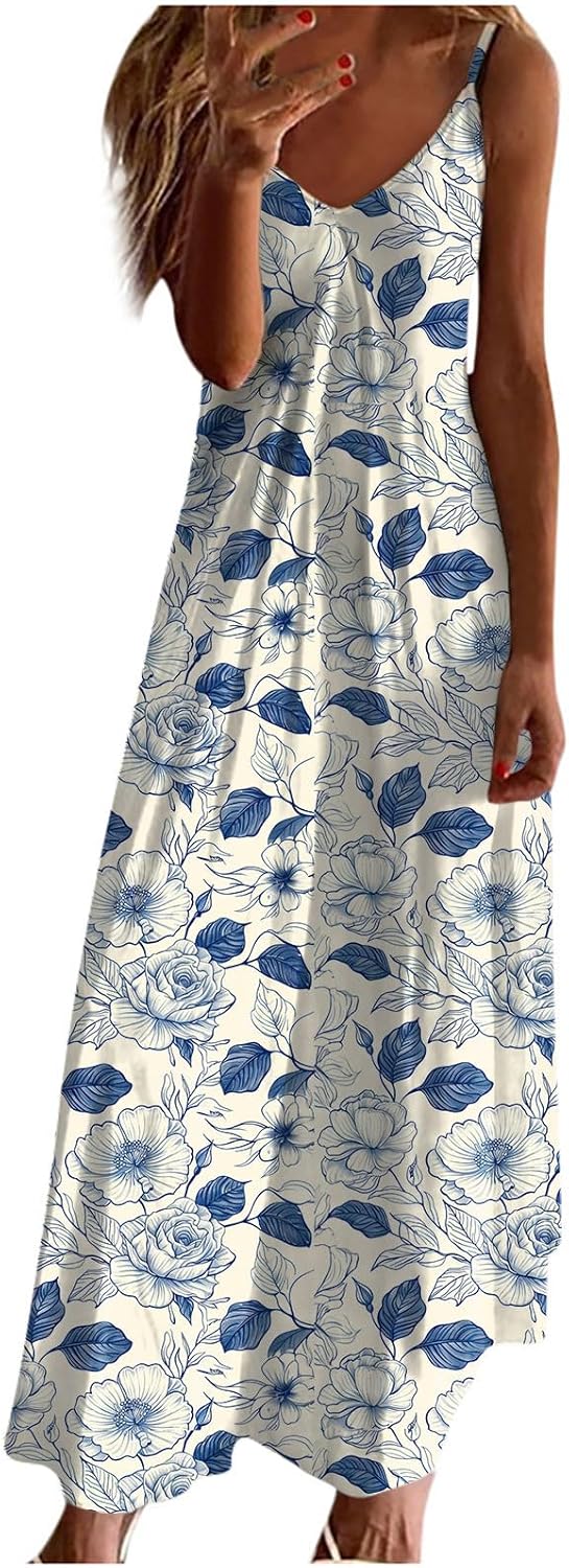 Womens Floral Maxi Dresses Spaghetti Strap Casual Summer Long Dress Vneck Flowy Boho Beach Sundress Vacation Outfits