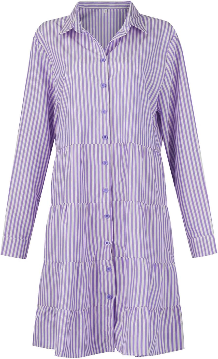 Button Down Dress for Women Summer Casual Striped Long Sleeve V Neck Lapel Dresses Loose Ruched Party Midi Dress 2025