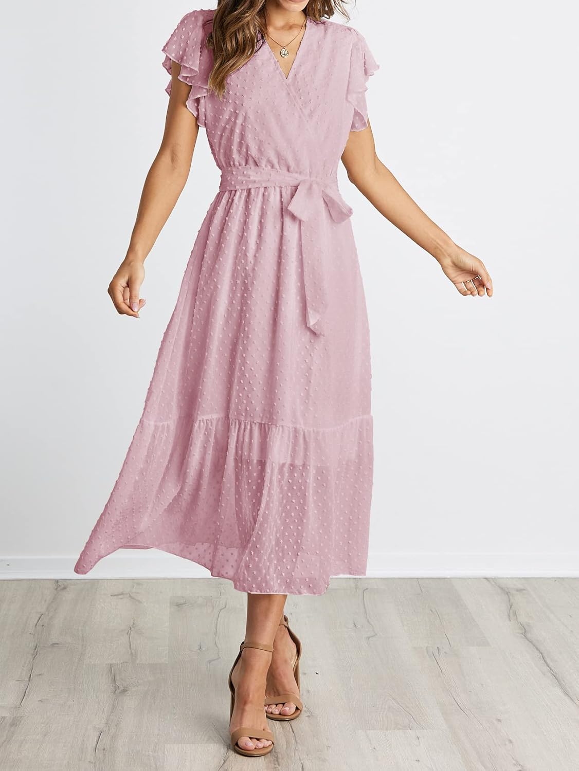 BTFBM Women Summer Bohemian Floral Casual Wrap V Neck Ruffle Cap Sleeveless Belt A-Line Pleated Hem Midi Sun Dress White