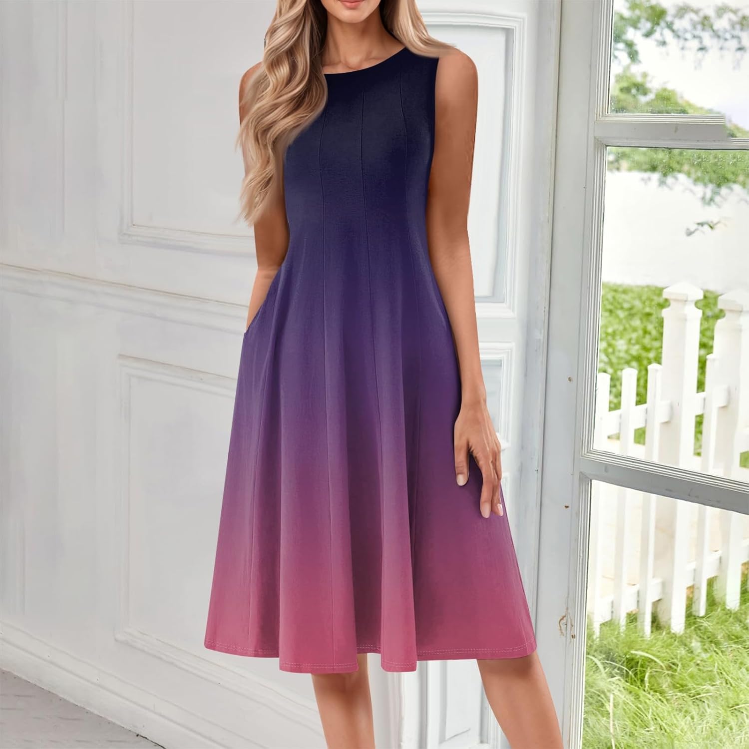 Womens Tank Sundress 2025 Casual Floral Print Tshirt Dress Swing Sleeveless Midi Dress Crewneck Pleated Summer Dresses