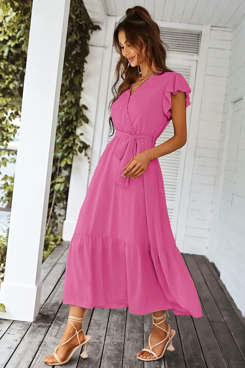PRETTYGARDEN Women's Summer Floral Boho Dress Wrap V Neck Short Sleeve Ruffle A-Line Flowy Maxi Wedding Guest Dresses