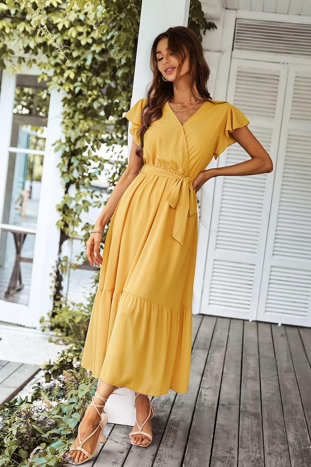 PRETTYGARDEN Women's Summer Floral Boho Dress Wrap V Neck Short Sleeve Ruffle A-Line Flowy Maxi Wedding Guest Dresses