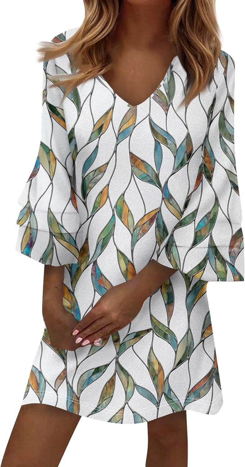 Beach Dresses for Women,2025 Summer Trendy Floral Print Boho Dress,Casual Loose V Neck Bell 3/4 Sleeve Mini Dress