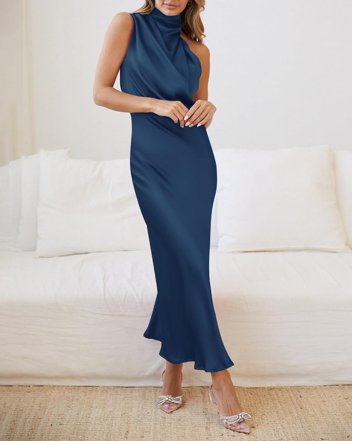 BTFBM Womens Sleeveless Cocktail Dresses Mock Neck Keyhole Elastic High Waist Evening Party Maxi Wedding Guest Dress