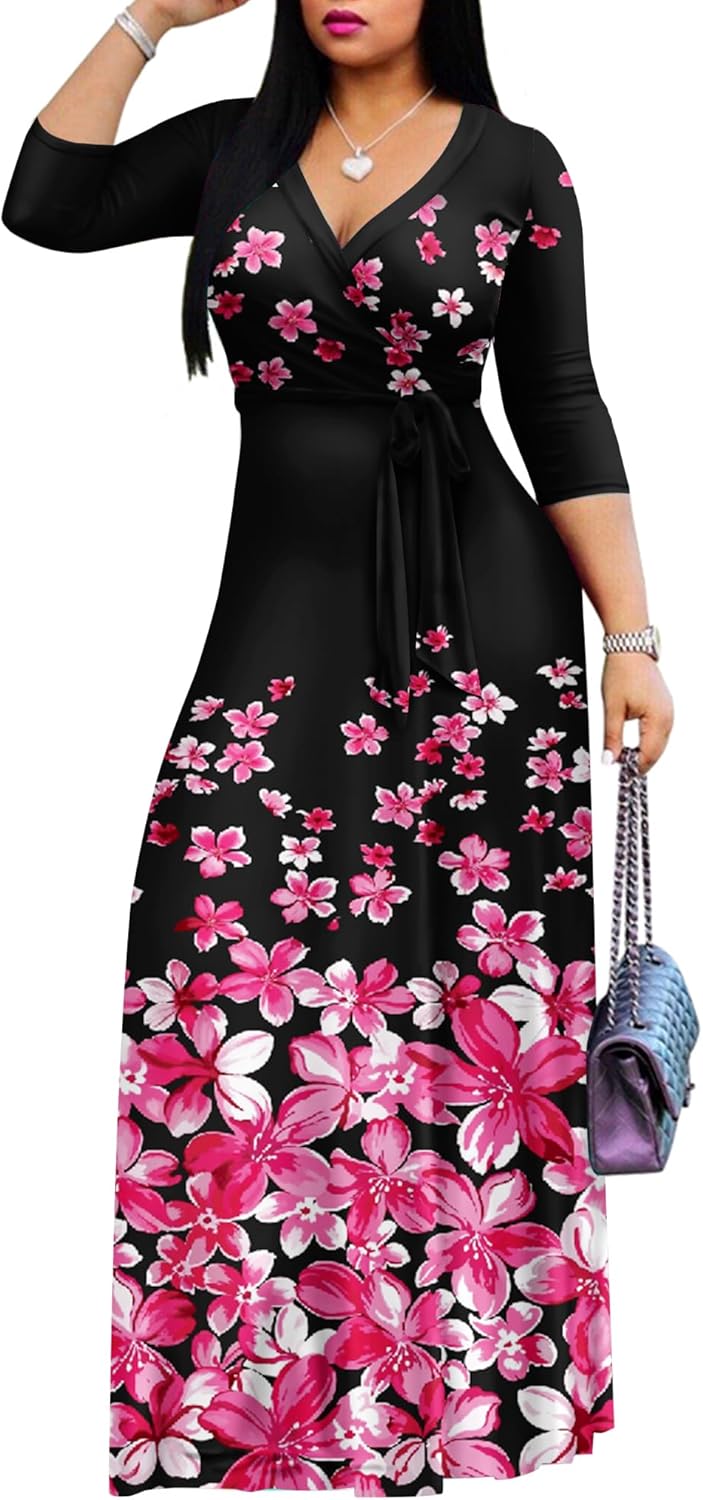 FANDEE Plus Size Maxi Dress for Women Casual Summer Sundress V-Neck 3/4 Sleeve