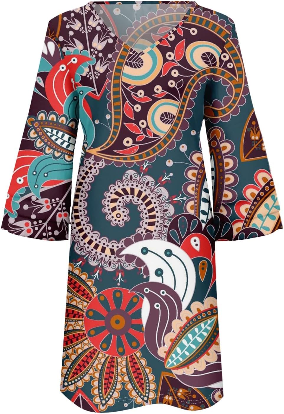 Beach Dresses for Women,2025 Summer Trendy Floral Print Boho Dress,Casual Loose V Neck Bell 3/4 Sleeve Mini Dress
