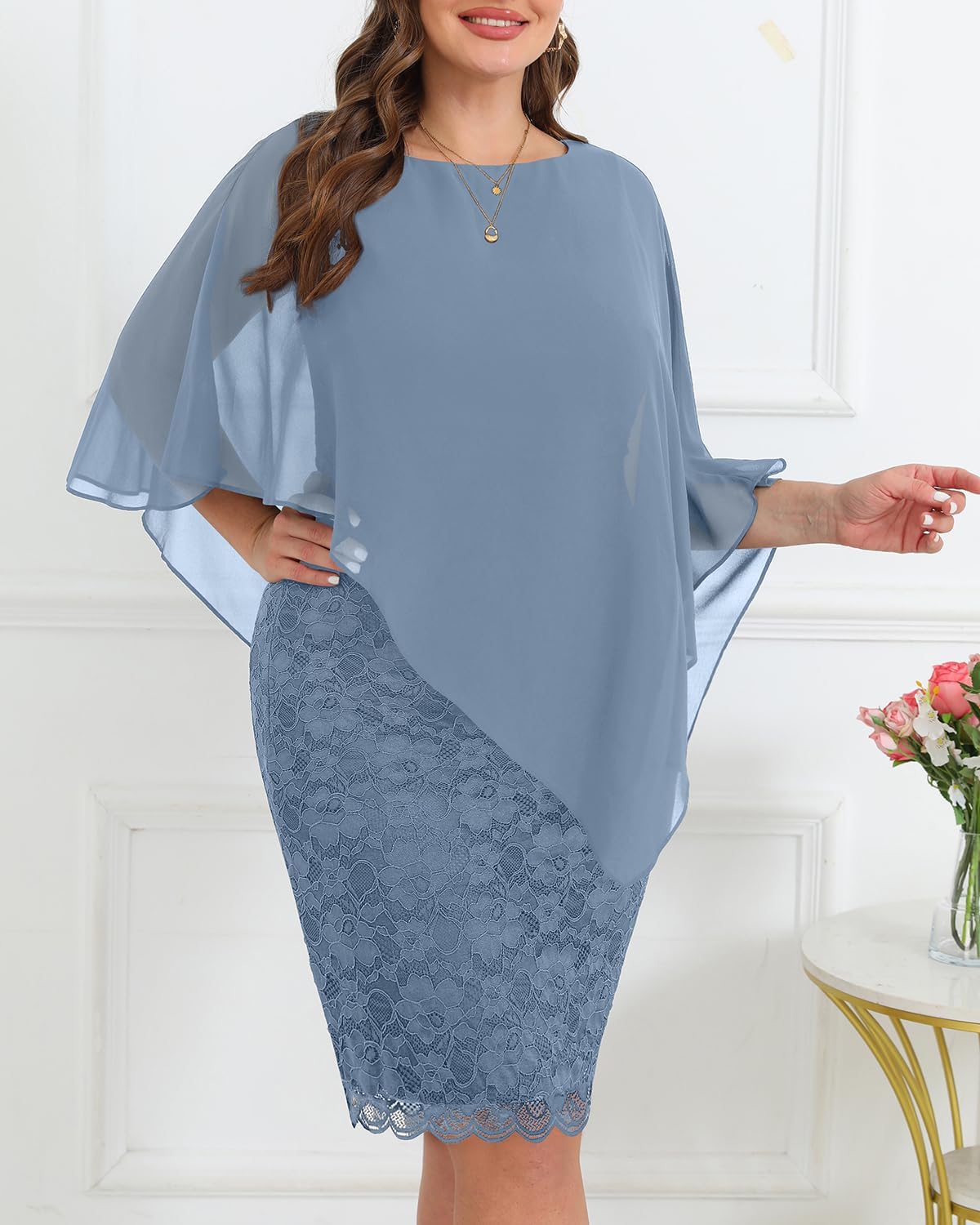 Plus Size Dresses Wedding Guest - Mother Bride Semi Formal Lace Cape with Chiffon Overlay Dresses
