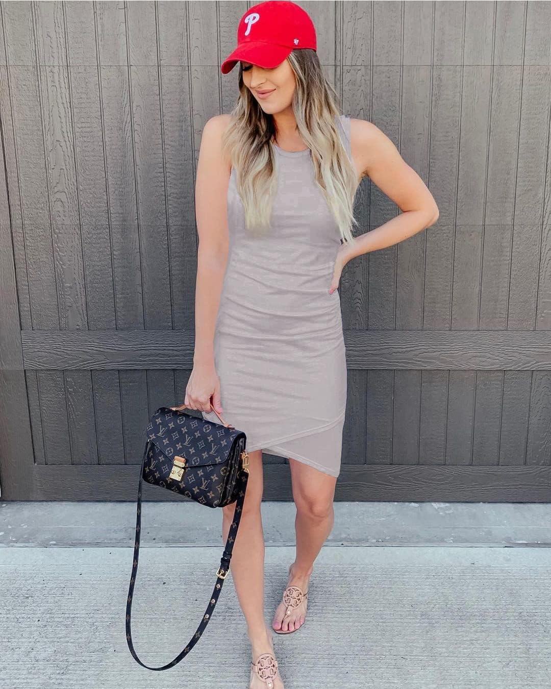 BTFBM Women 2025 Summer Sleeveless Tank Dresses Crew Neck Slim Fit Short Casual Ruched Bodycon Party Club Mini Dress