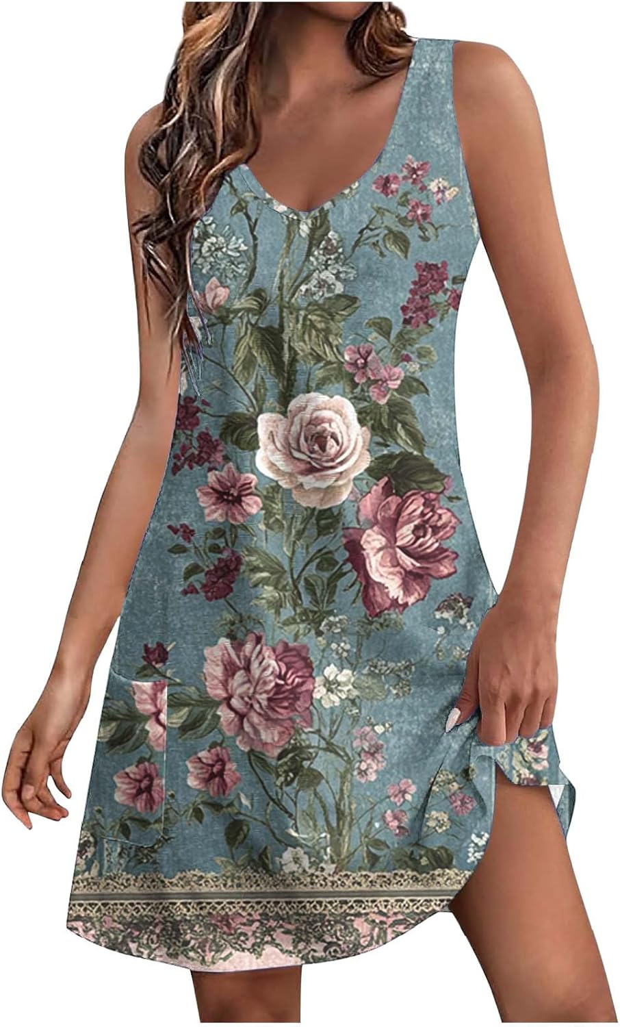 Womens 2025 Spring Summer Dresses Casual Floral Print V-Neck Tank Dress Curve Hem Pleated A-Line Sundresses