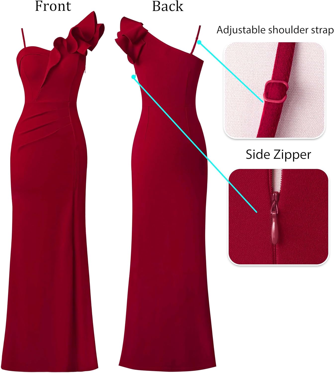 VFSHOW Womens Ruffle One Shoulder Strap Ruched Formal Prom Wedding Maxi Dress V Neck Elegant Split Cocktail Evening Long Gown