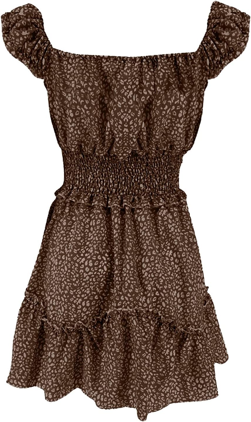 iQKA Women Short Mini Dress Summer Bohemian Floral Print Short Sleeve Square Neck Sexy Babydoll Dresses S-3XL