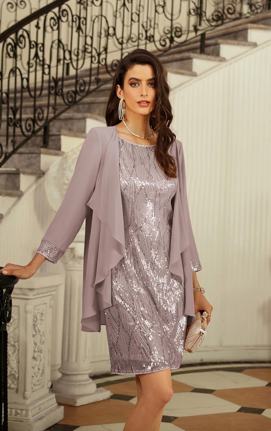 GRACE KARIN Sequin Dress for Women Knee Length Mother of the Bride Dresses Formal Dress Two Piece Dress with Chiffon Jacket