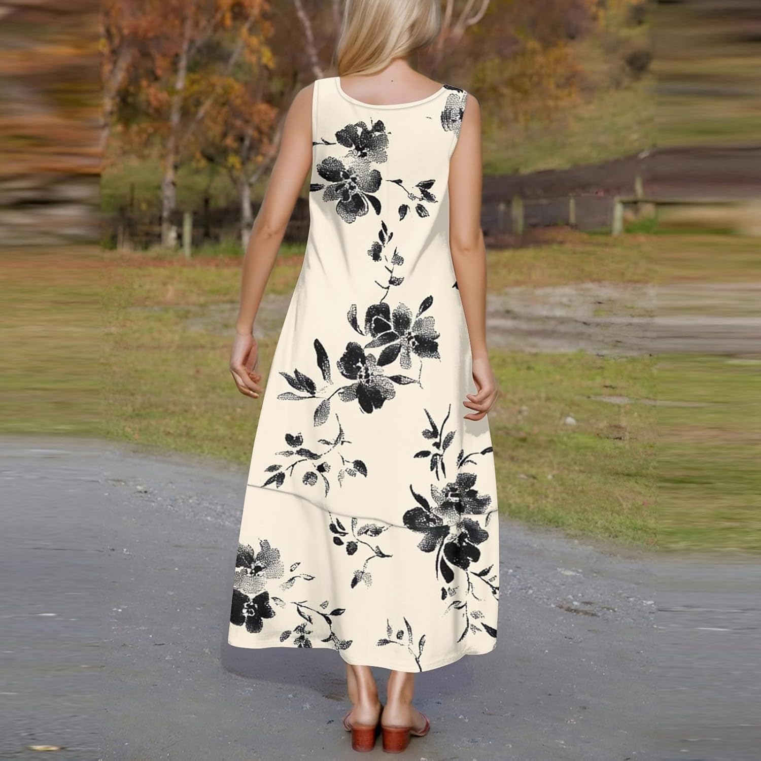 Womens Summer Tank Dress Vacation Boho Floral Long Dresses with Pockets Resort Wear Swing Beach Sleeveless Sundress
