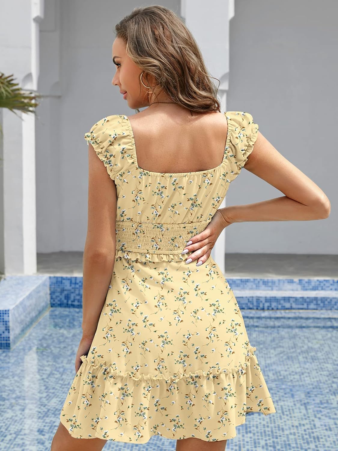 YOBECHO Women's Summer Ruffle Sleeve Sweetheart Neckline Printing Dress Mini Dress