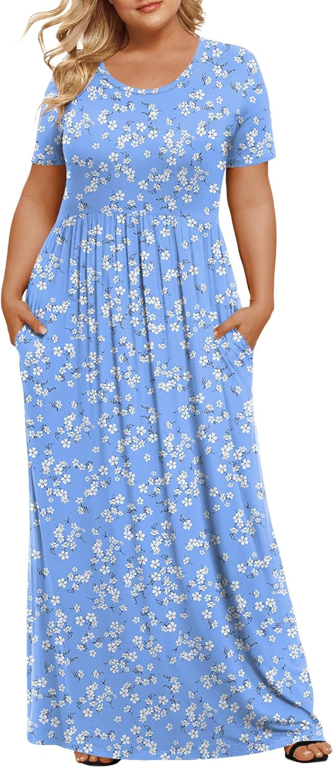 LONGYUAN Women's Plus Size Maxi Dresses for Curvy Women Summer Short Sleeve Casual 2025 Long Dress XL-6XL
