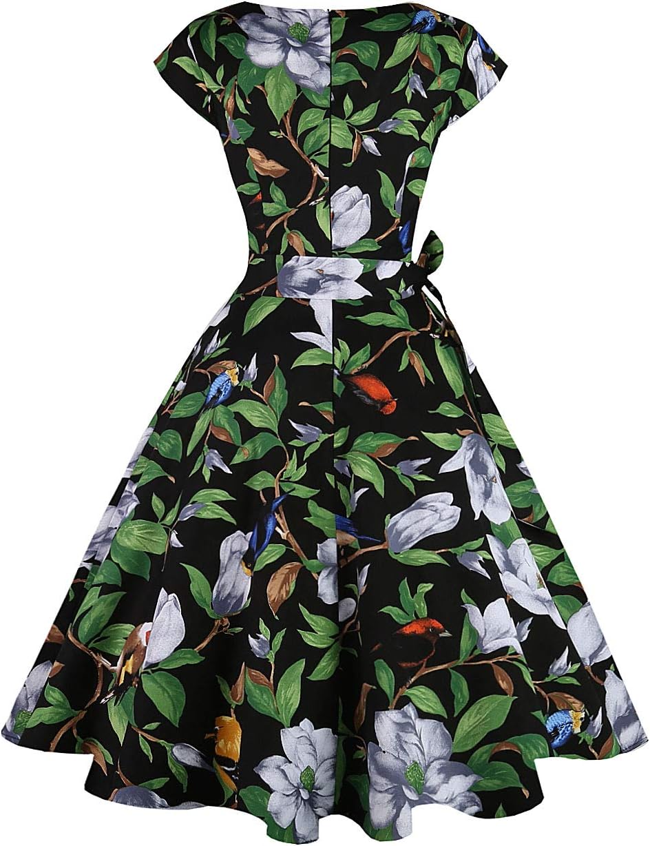 PUKAVT Women's 1950 Boatneck Cap Sleeve Vintage Swing Cocktail Party Dress with Pockets