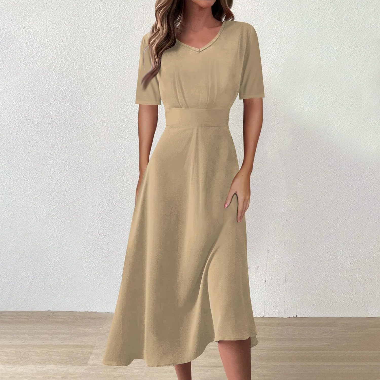 Women's Summer Elegant Cocktail Dress Solid Color Swing V-Neck Party Gown Dresses, S-2XL