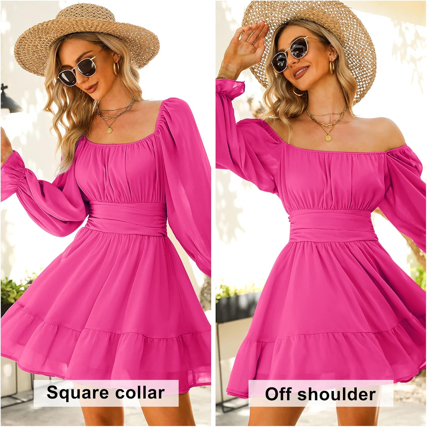 EXLURA Women's 2025 Casual Long Lantern Sleeve Dresses Square Neck Ruffle Tie Back Elastic Waist Aline Short Mini Dress