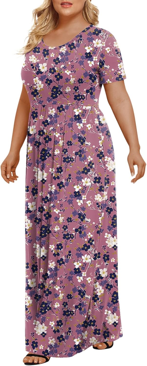 LONGYUAN Women's Plus Size Maxi Dresses for Curvy Women Summer Short Sleeve Casual 2025 Long Dress XL-6XL