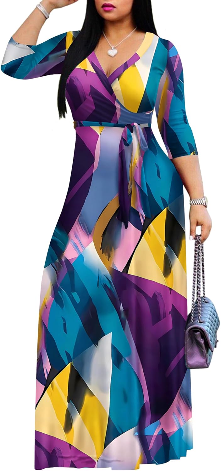 FANDEE Plus Size Maxi Dress for Women Casual Summer Sundress V-Neck 3/4 Sleeve