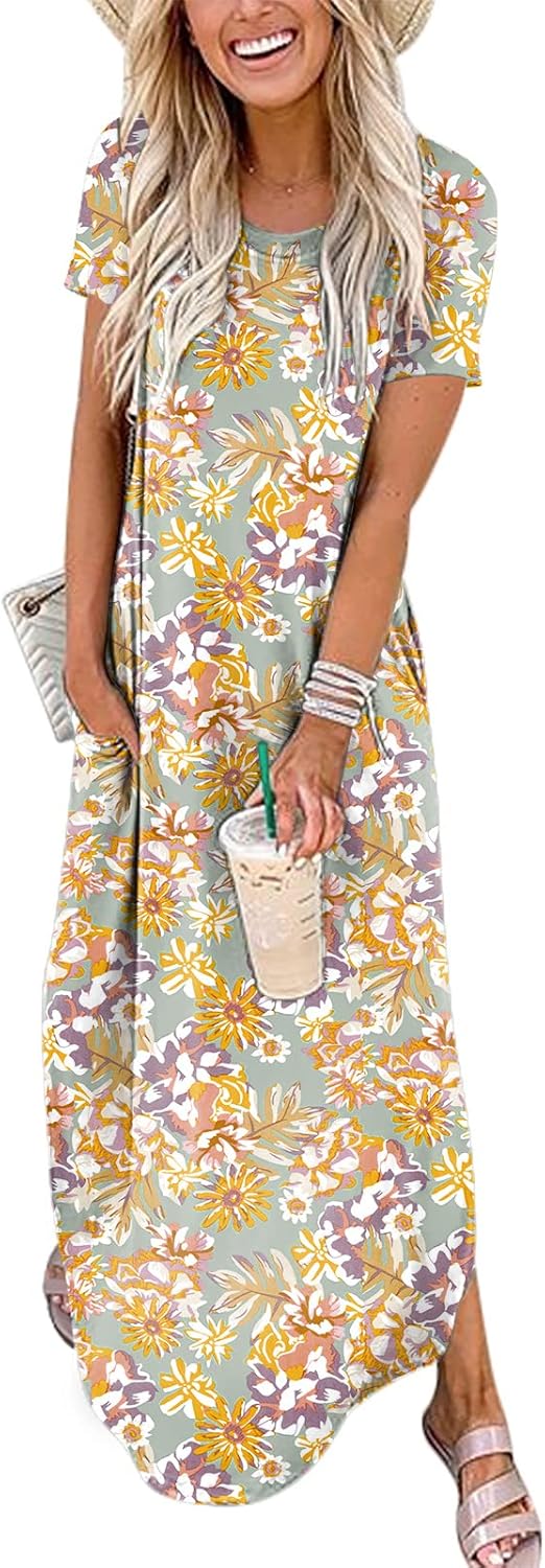 ANRABESS Women's Summer Casual Loose Short Sleeve Long T Shirt Dress Split Maxi Beach Sundress Travel Vacation Outfits