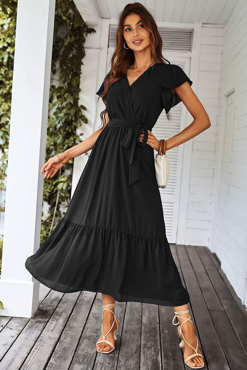 PRETTYGARDEN Women's Summer Floral Boho Dress Wrap V Neck Short Sleeve Ruffle A-Line Flowy Maxi Wedding Guest Dresses