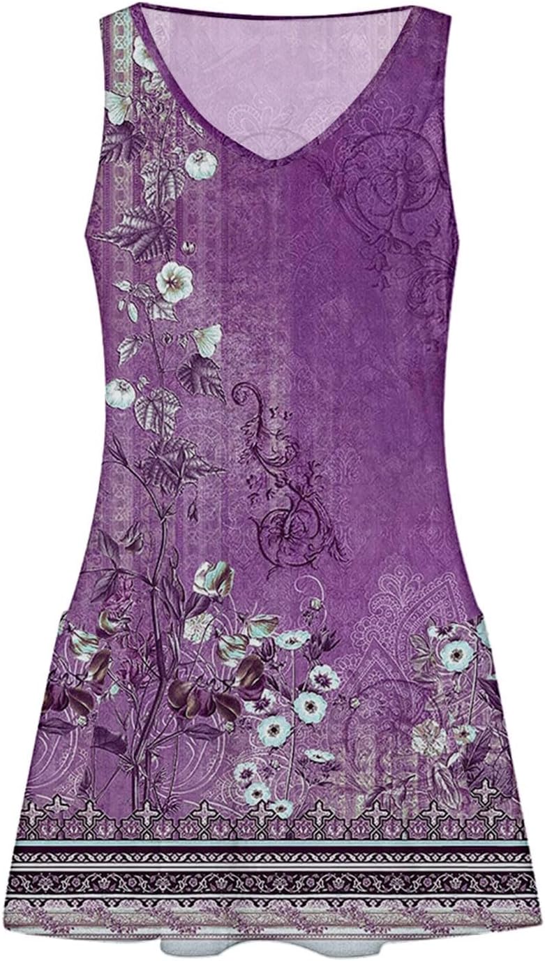 Women's Summer Dresses 2025 Beach Casual Sleeveless Floral Print Boho Tank Dress V Neck Ruffle Dresses