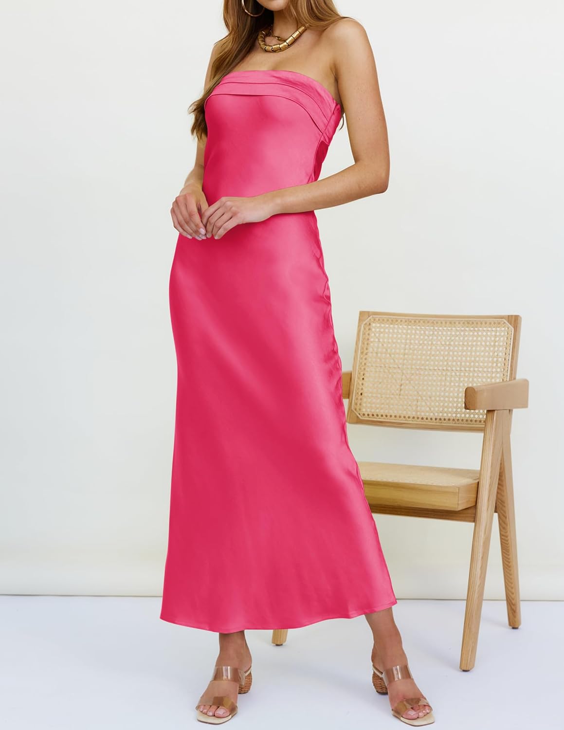 MEROKEETY Women 2025 Summer Strapless Satin Tube Bodycon Backless Wedding Guest Maxi Dress