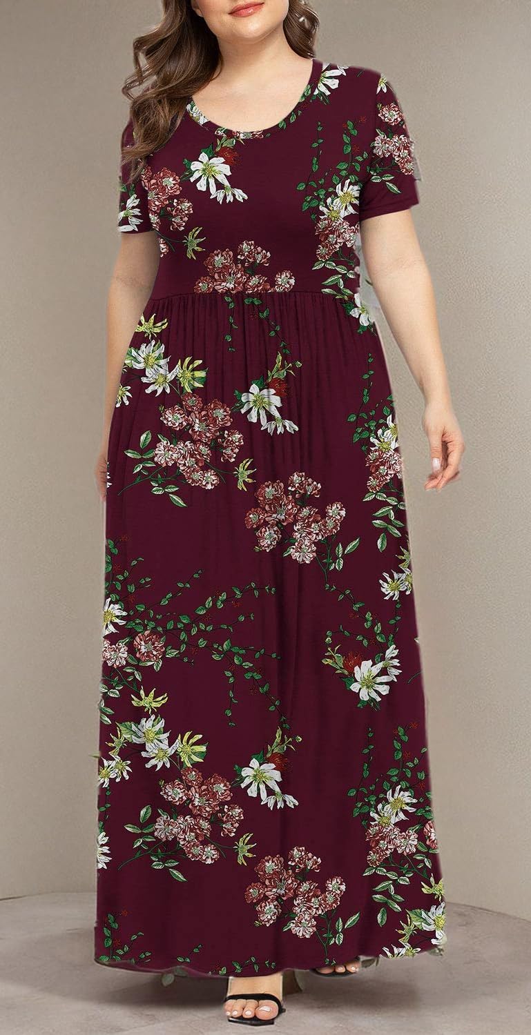 LONGYUAN Women's Plus Size Maxi Dresses for Curvy Women Summer Short Sleeve Casual 2025 Long Dress XL-6XL