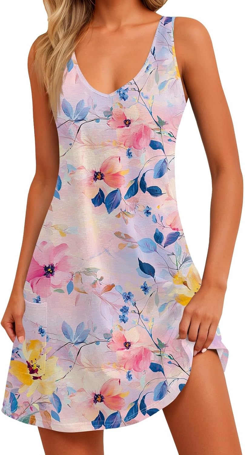 Women's Sleeveless Floral Print Summer Dress Casual V-Neck A-Line Mini Dress for Beach Party and Daily Wear