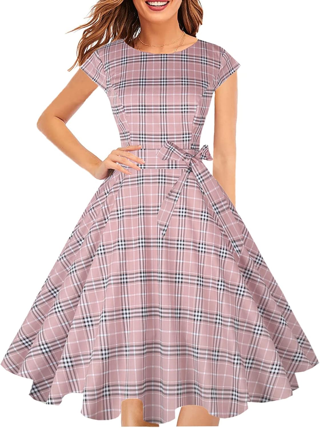 PUKAVT Women's 1950 Boatneck Cap Sleeve Vintage Swing Cocktail Party Dress with Pockets